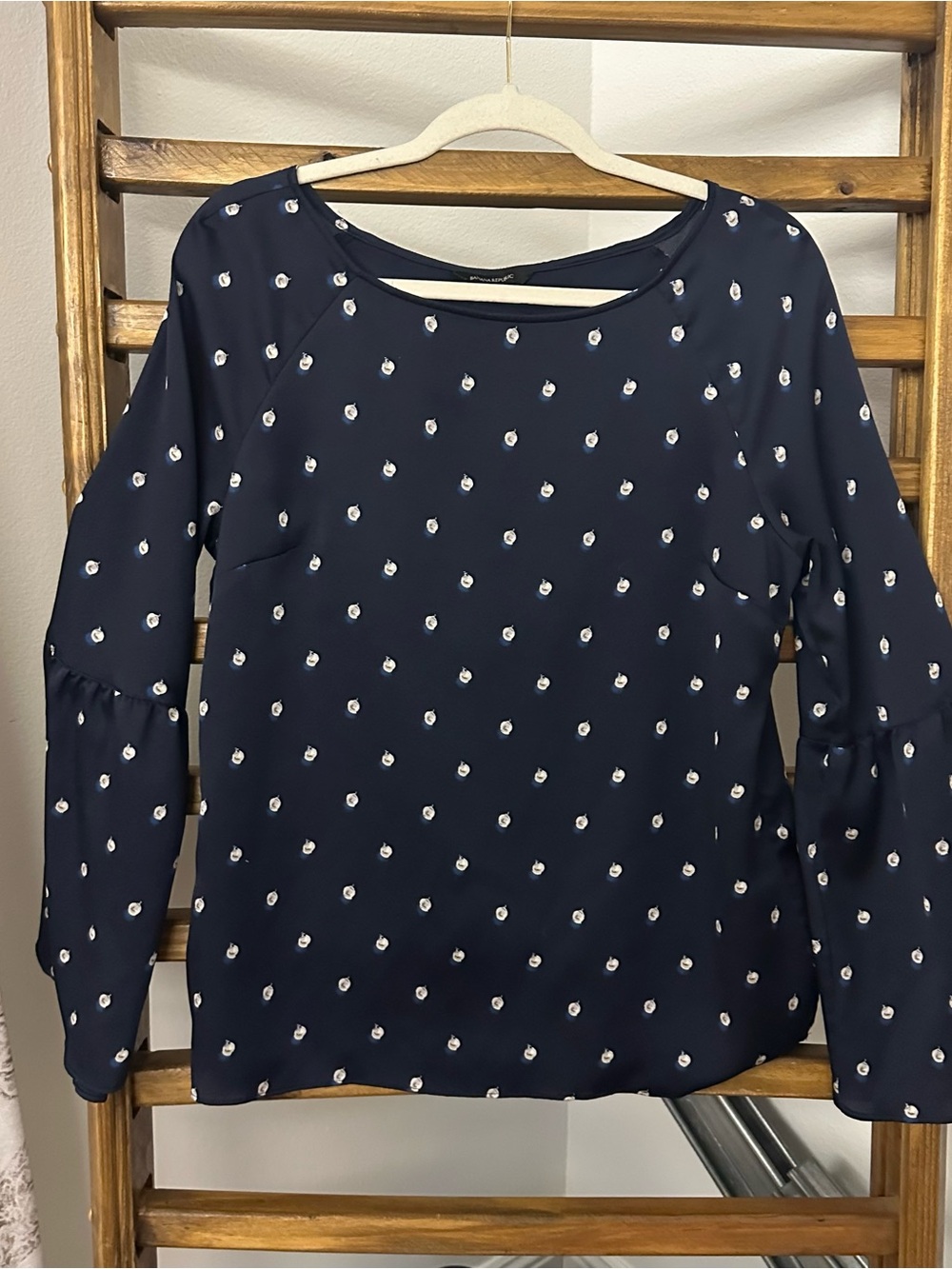 Banana Republic Navy Printed Bell-Sleeve Blouse